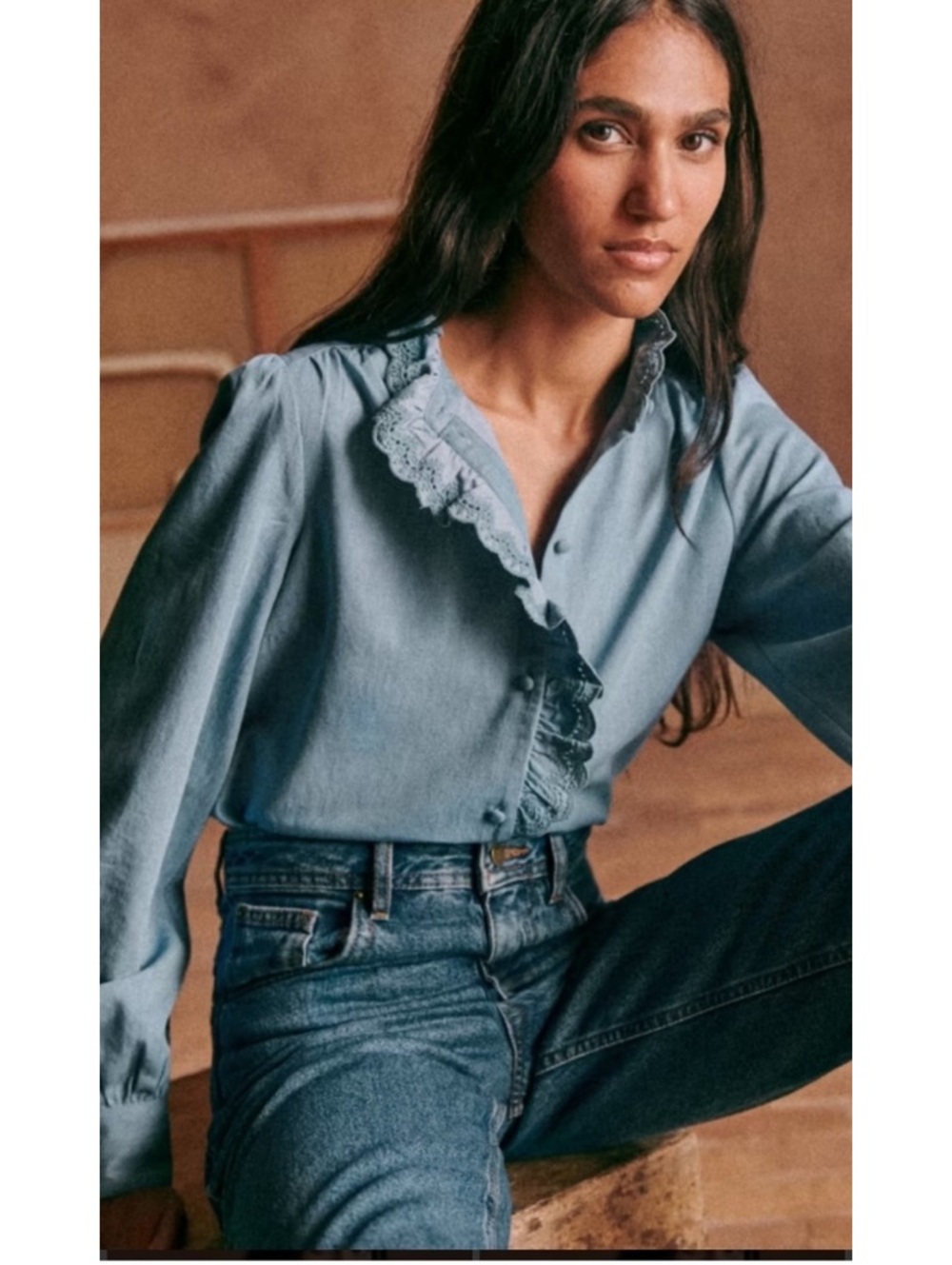 Sezane 100% Silk Chlo Button Down shirt with scallop ruffle vintage blue 34 XS
